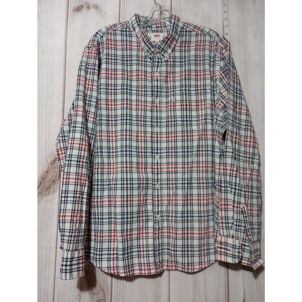 Levis Shirt Mens 2XL Red Blue Plaid‎ Button Down Long Sleeve Flannel Casual